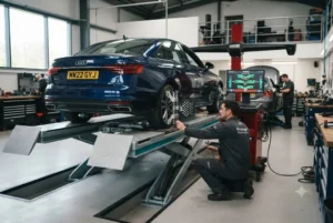 Wheel alignment being performed on a vehicle in a modern UK automotive workshop