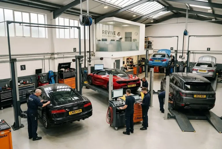 Auto Service Garage: How to Run a High-Performance Workshop Auto service garage with technicians working efficiently in a UK workshop