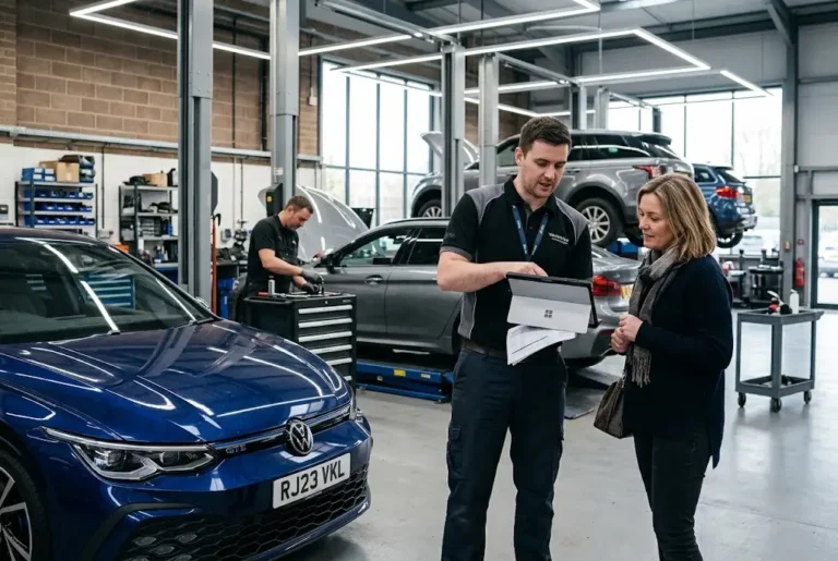 Car service cost discussion between customer and professional UK garage adviser