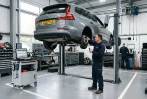 Car servicing technician working in a professional UK automotive workshop