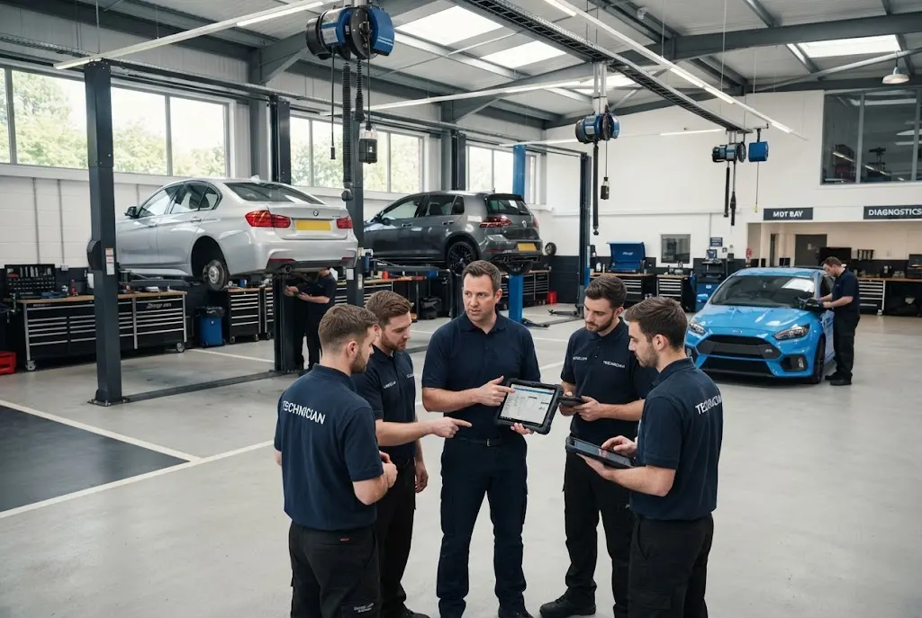 Garage management and workshop leadership in a modern automotive garage