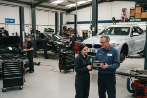 Auto repair services team working in a professional UK automotive workshop