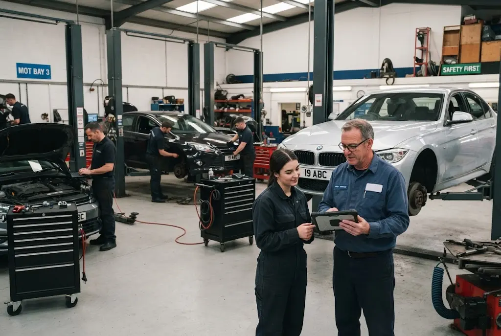 Auto repair services team working in a professional UK automotive workshop
