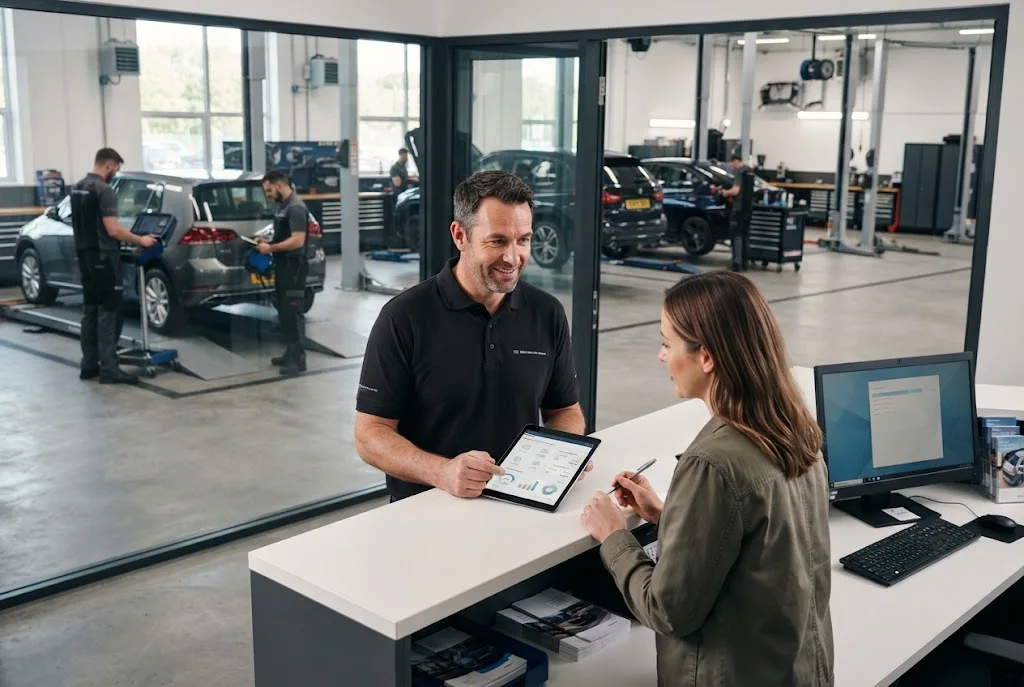 Car service cost pricing discussion at a professional UK automotive workshop