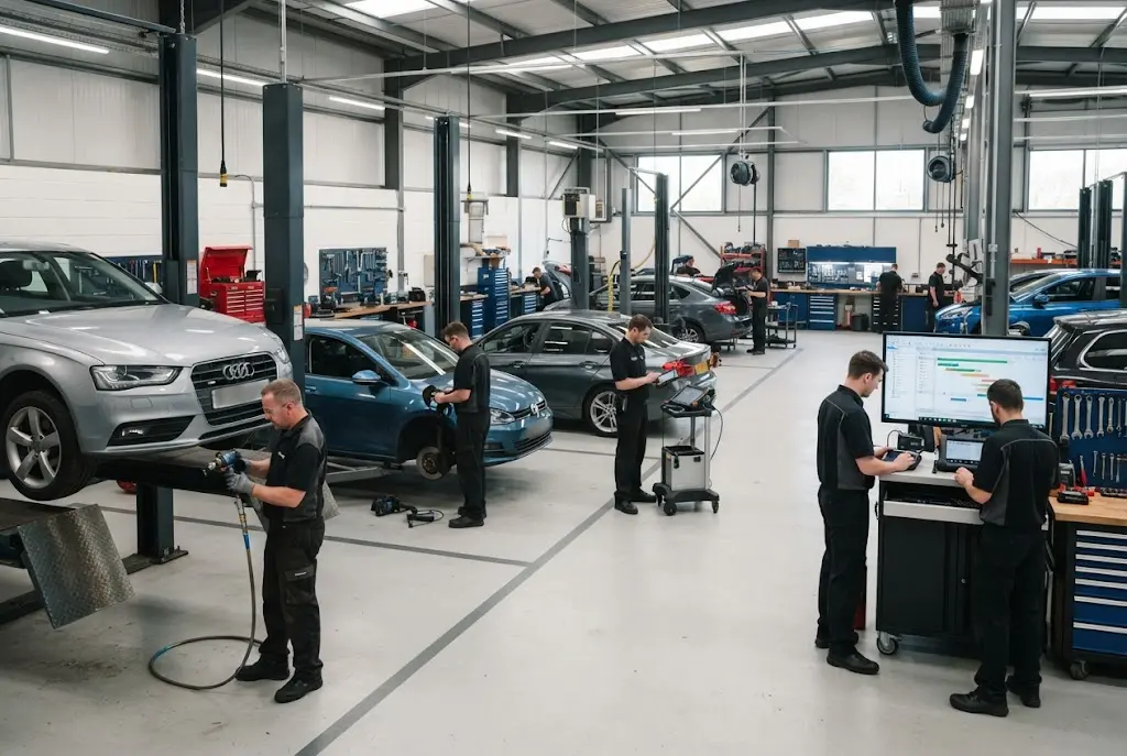 Vehicle maintenance workflow in a professional UK automotive workshop